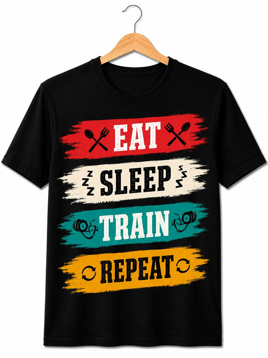 EAT SLEEP TRAIN REPEAT MOTIVATIONAL BLACK CLASSIC FIT PREMIUM 100% COTTON T-SHIRT