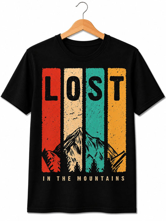 LOST IN MOUNTAIN TRAVEL BLACK CLASSIC FIT PREMIUM 100% COTTON T-SHIRT