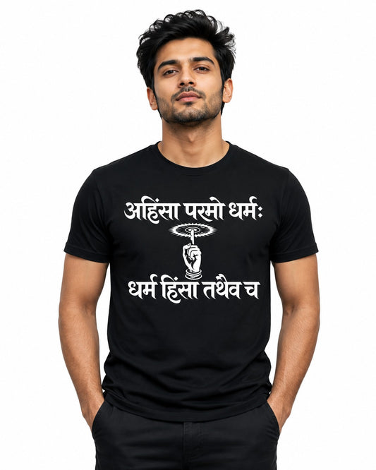 AHINSA PARMO DHARMA SPIRITUAL BLACK CLASSIC FIT PREMIUM 100% COTTON T-SHIRT