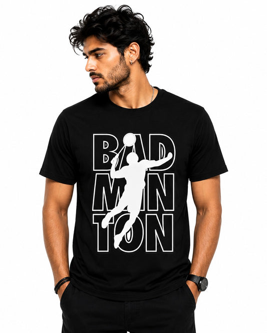BADMINTON SPORTS BLACK CLASSIC FIT PREMIUM 100% COTTON T-SHIRT