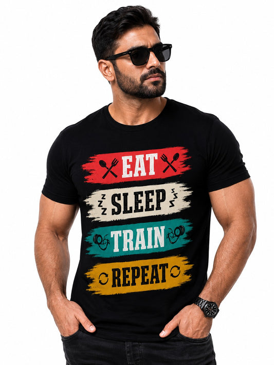 EAT SLEEP TRAIN REPEAT MOTIVATIONAL BLACK CLASSIC FIT PREMIUM 100% COTTON T-SHIRT