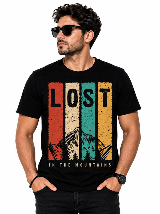 LOST IN MOUNTAIN TRAVEL BLACK CLASSIC FIT PREMIUM 100% COTTON T-SHIRT